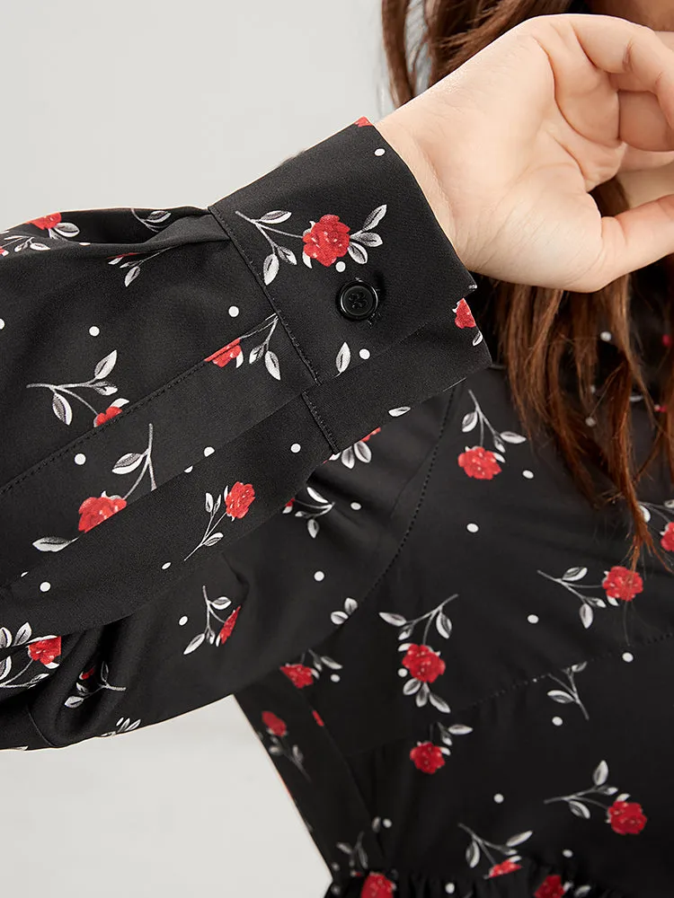Floral Print Button Up High Low Hem Blouse