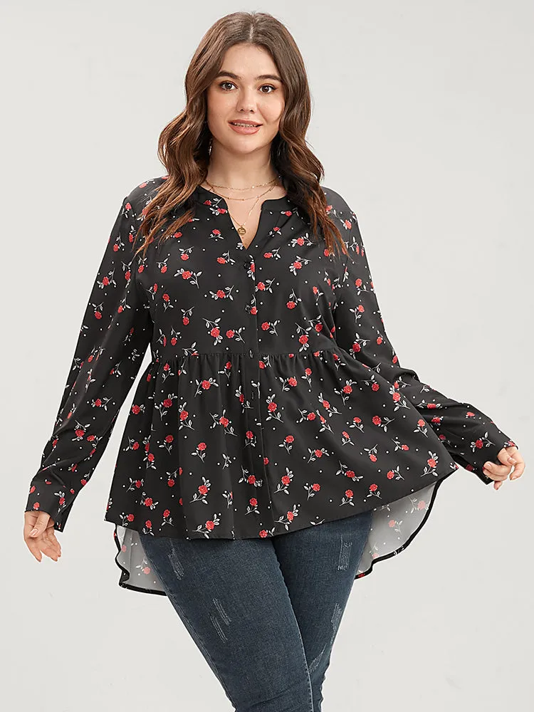 Floral Print Button Up High Low Hem Blouse
