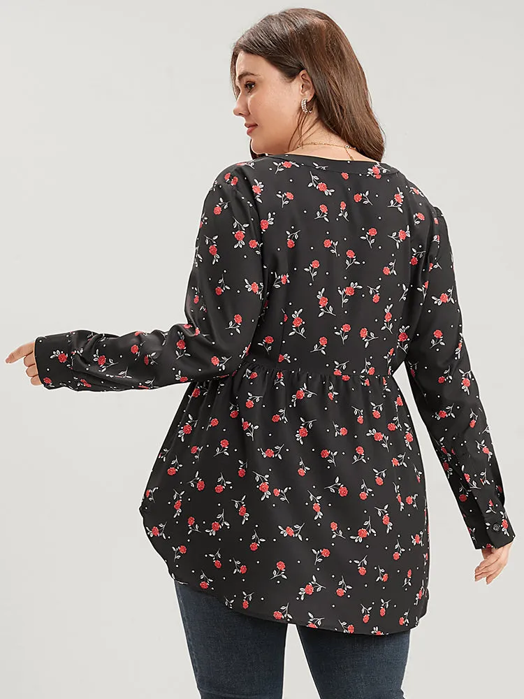 Floral Print Button Up High Low Hem Blouse