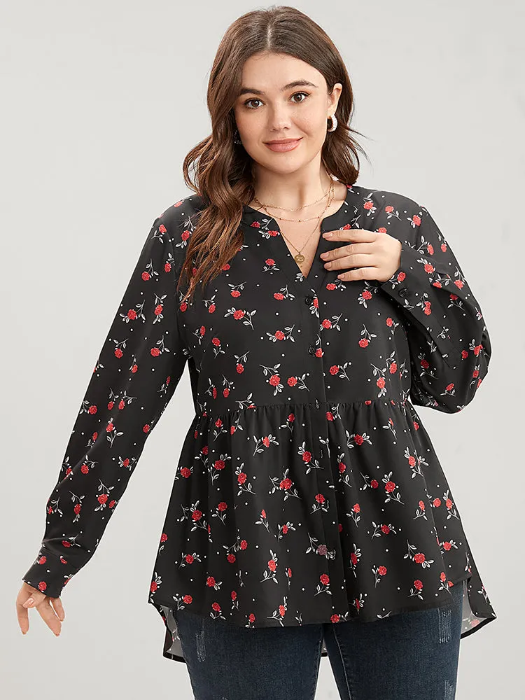Floral Print Button Up High Low Hem Blouse