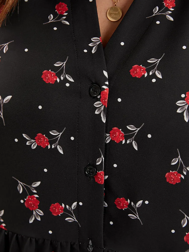 Floral Print Button Up High Low Hem Blouse
