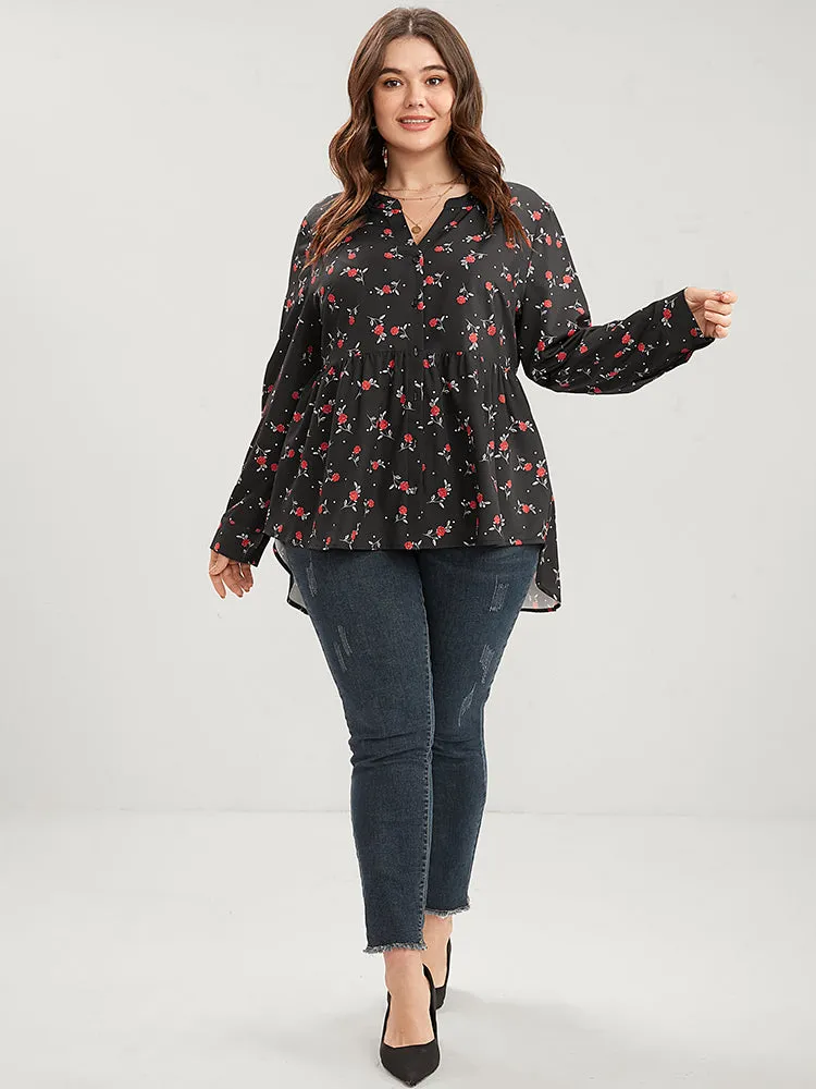 Floral Print Button Up High Low Hem Blouse
