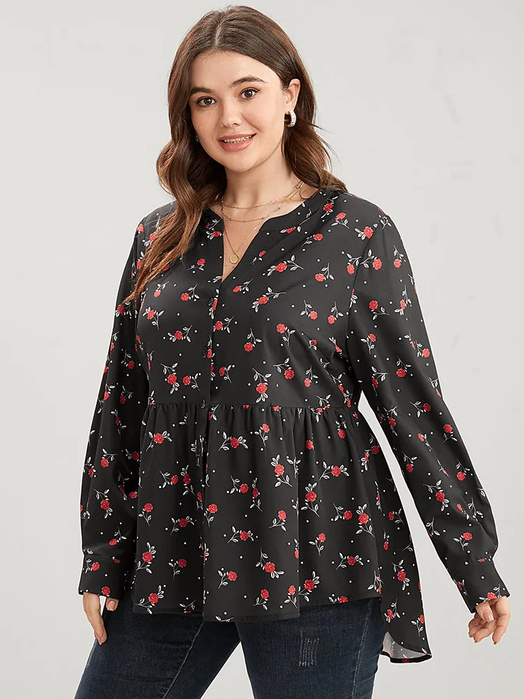 Floral Print Button Up High Low Hem Blouse