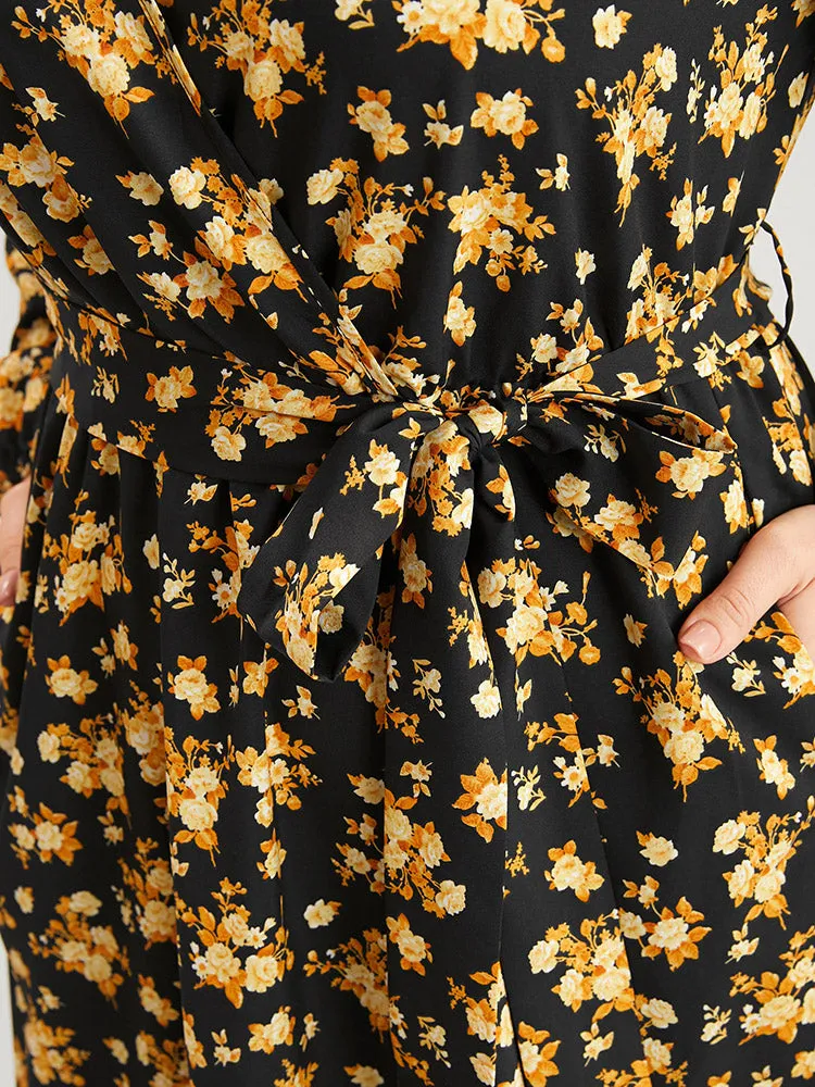 Floral Printed Pocket Lantern Sleeve Belted Wrap Midi Dress