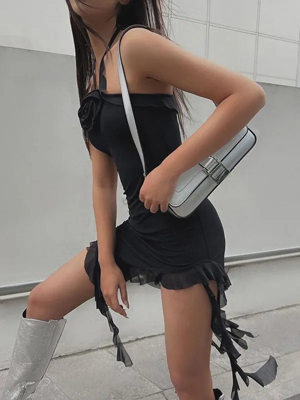 Flower Embellish Asymmetric Halter Mini Dress