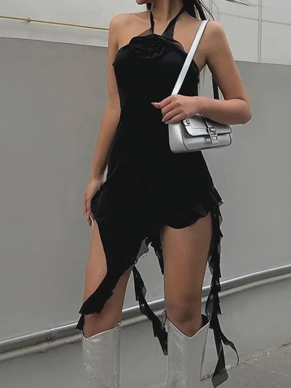 Flower Embellish Asymmetric Halter Mini Dress