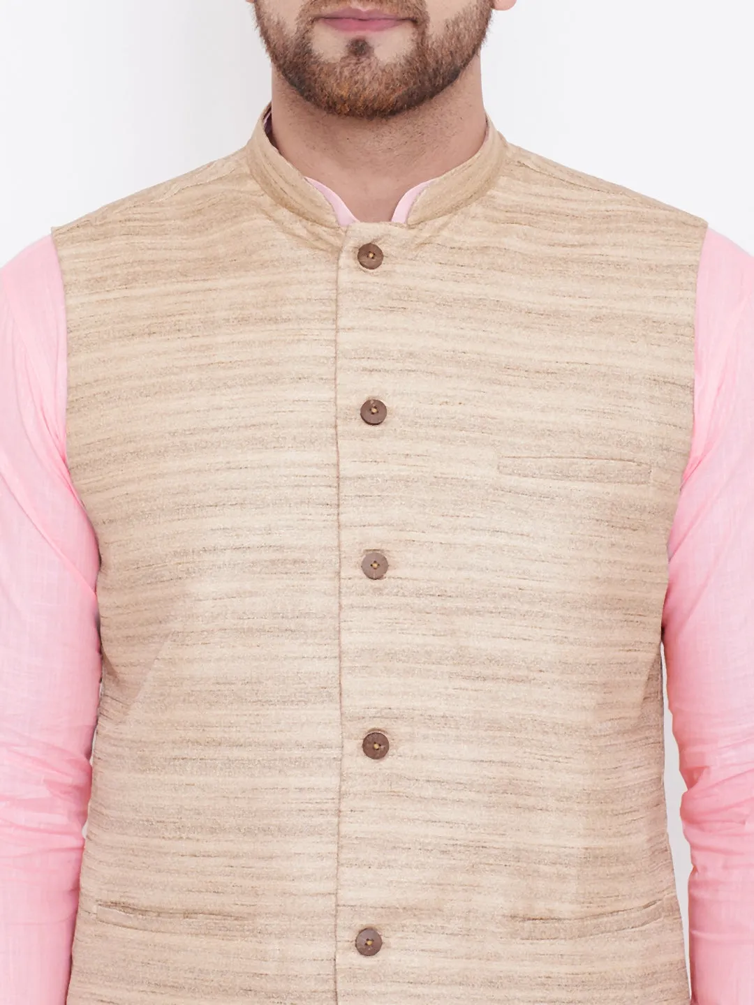 Jashvi Beige, Pink And White Baap Beta Nehru Jacket Kurta Pyjama set