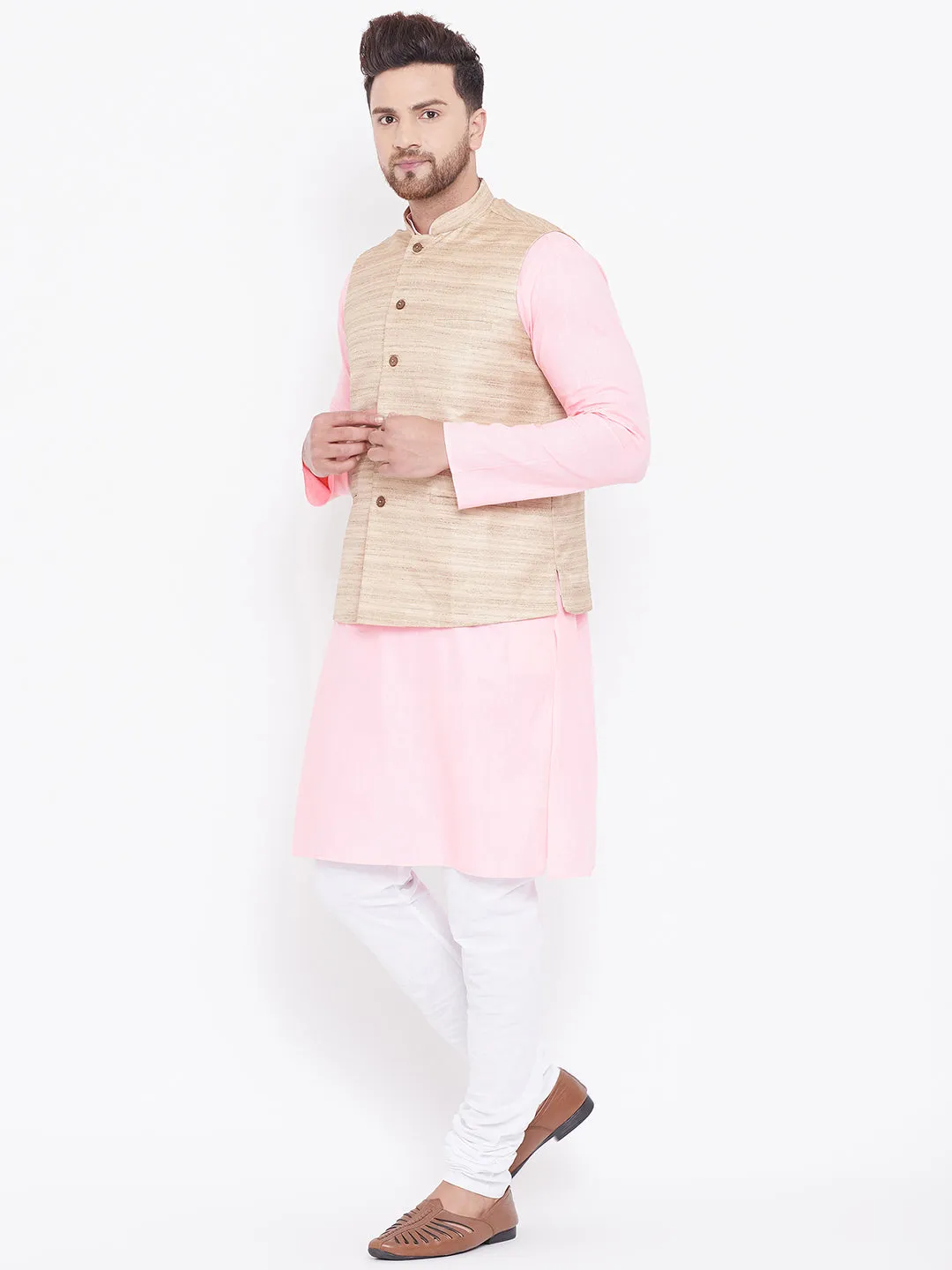Jashvi Beige, Pink And White Baap Beta Nehru Jacket Kurta Pyjama set