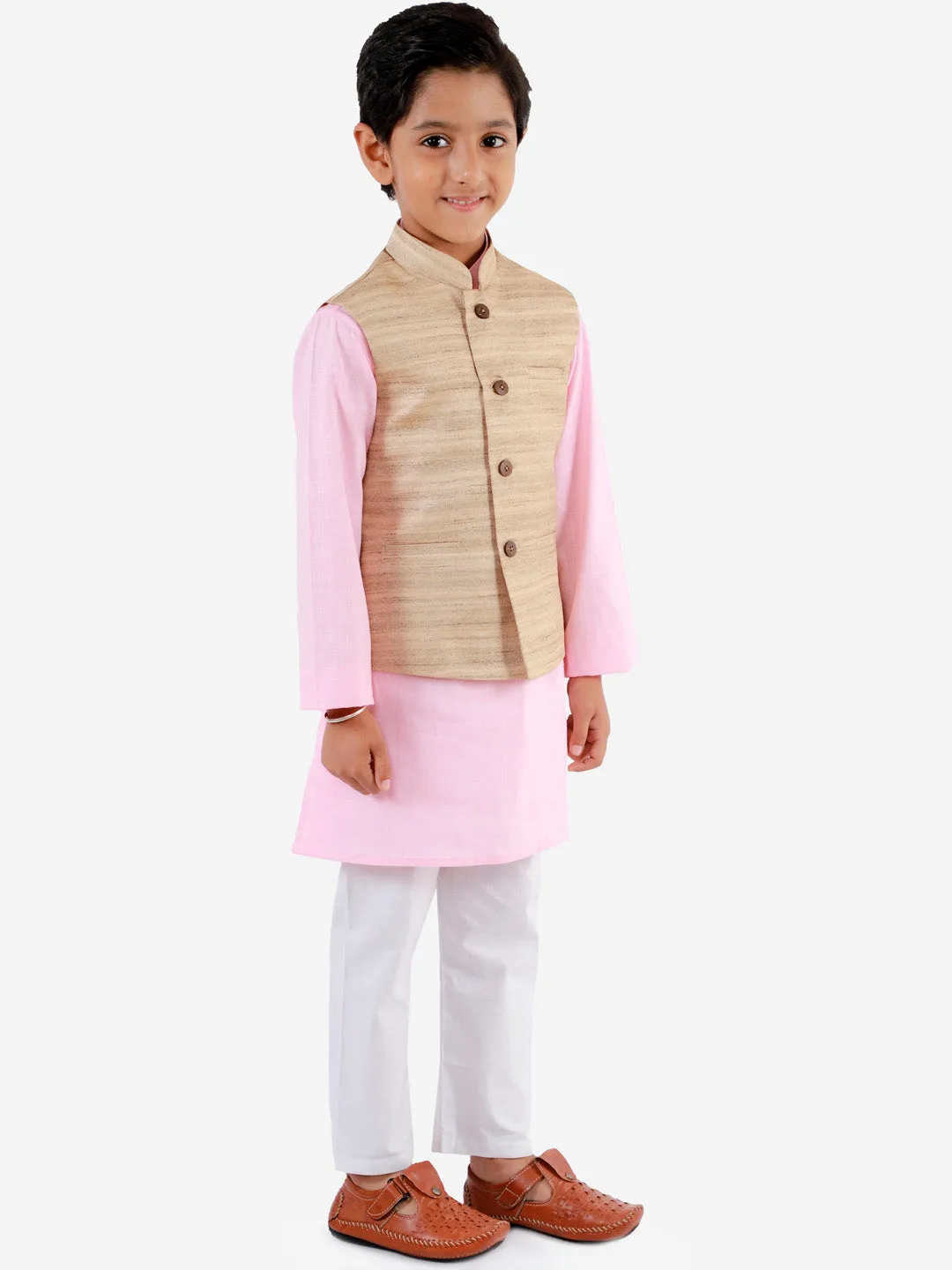 Jashvi Beige, Pink And White Baap Beta Nehru Jacket Kurta Pyjama set