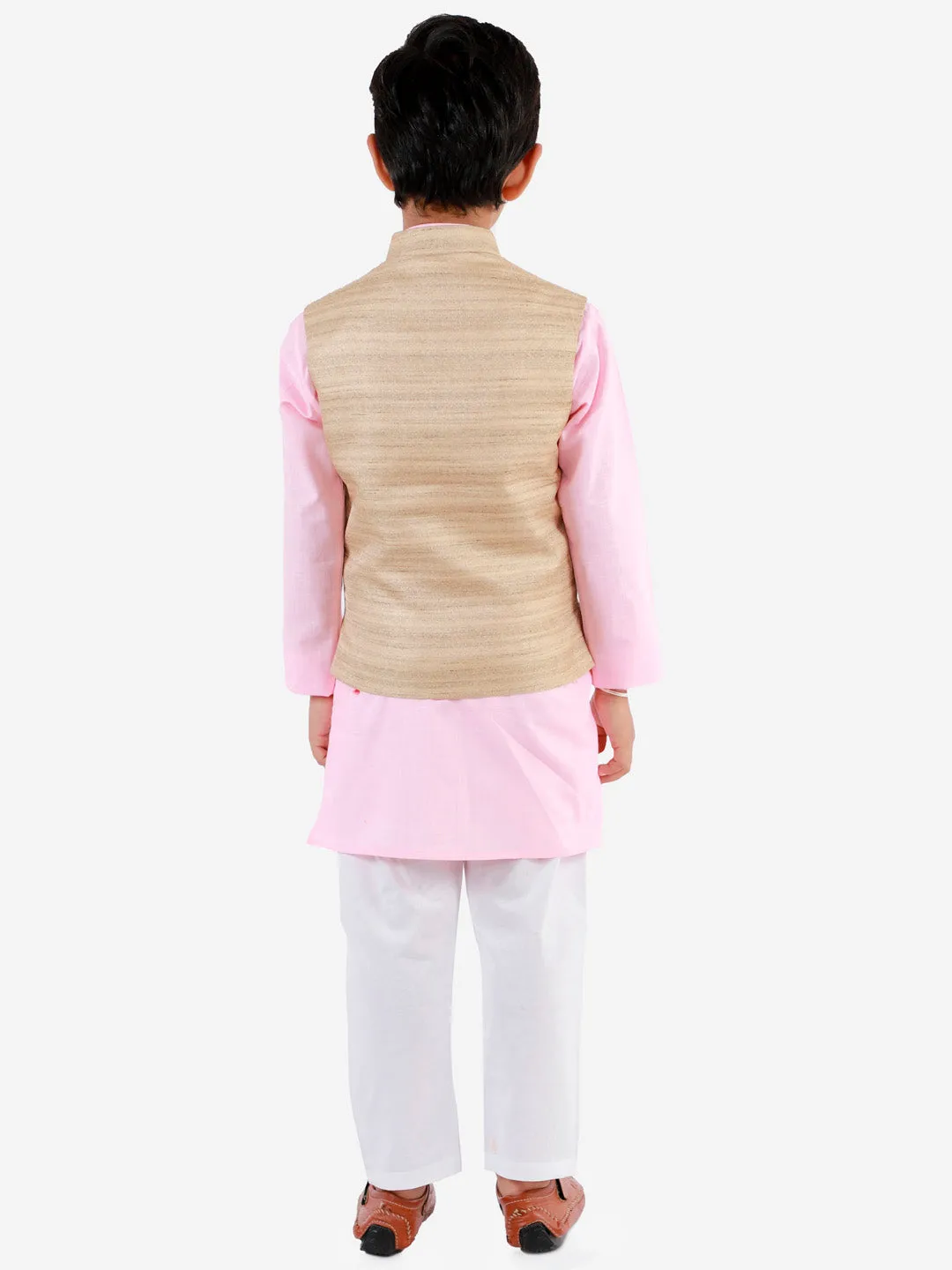 Jashvi Beige, Pink And White Baap Beta Nehru Jacket Kurta Pyjama set
