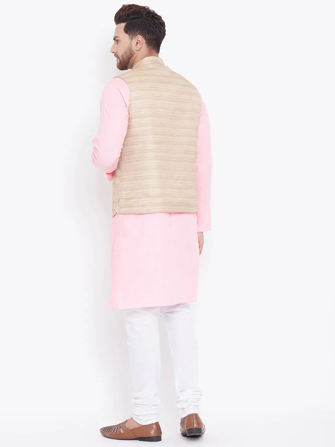Jashvi Beige, Pink And White Baap Beta Nehru Jacket Kurta Pyjama set
