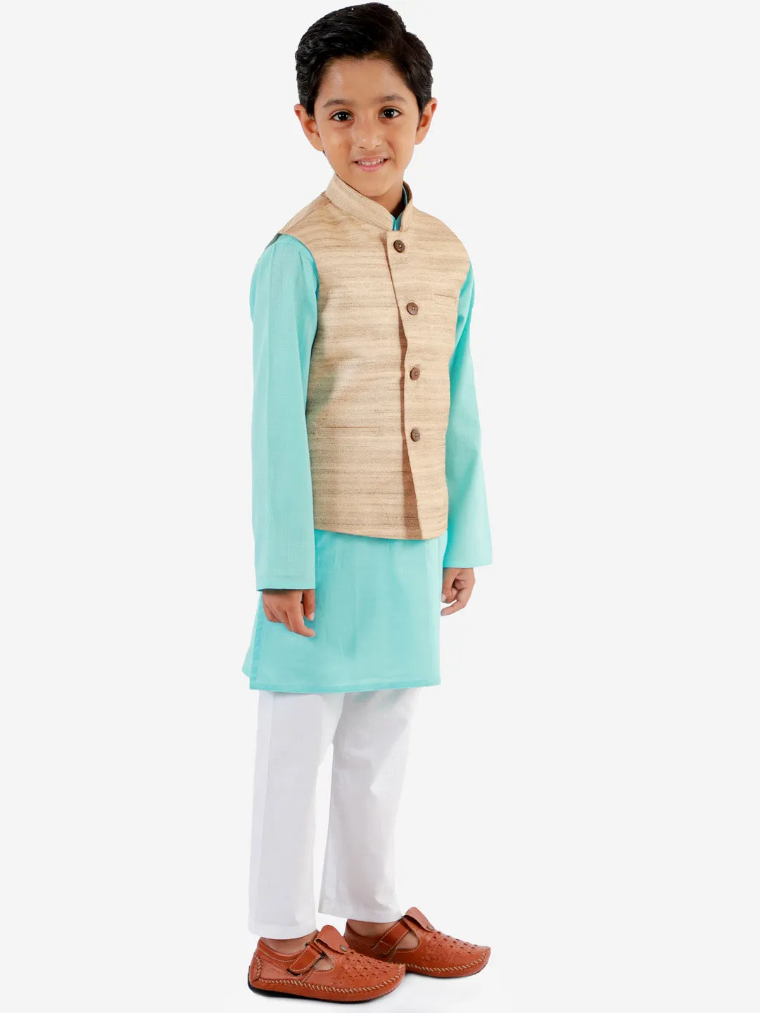 Jashvi Beige, Turquoise And White Baap Beta Nehru Jacket Kurta Pyjama set