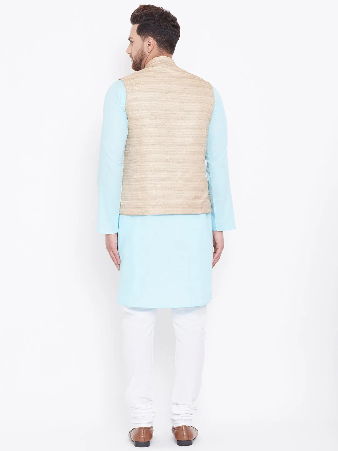 Jashvi Beige, Turquoise And White Baap Beta Nehru Jacket Kurta Pyjama set