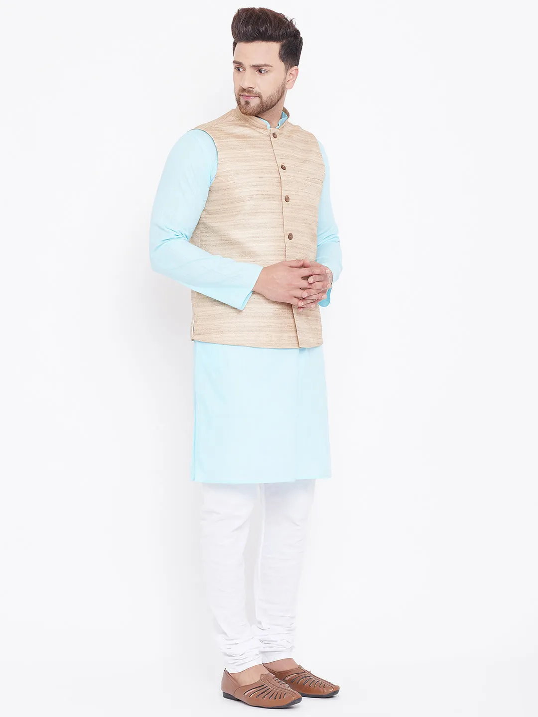 Jashvi Beige, Turquoise And White Baap Beta Nehru Jacket Kurta Pyjama set