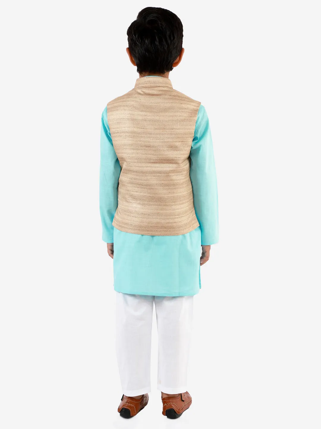 Jashvi Beige, Turquoise And White Baap Beta Nehru Jacket Kurta Pyjama set