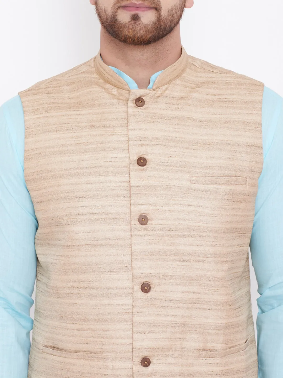 Jashvi Beige, Turquoise And White Baap Beta Nehru Jacket Kurta Pyjama set