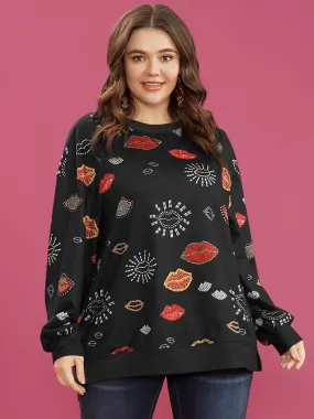Lip Print Split Hem Drop Shoulder Sweatshirt