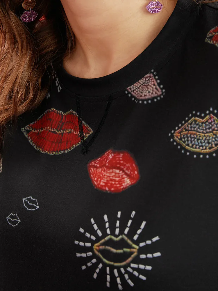 Lip Print Split Hem Drop Shoulder Sweatshirt