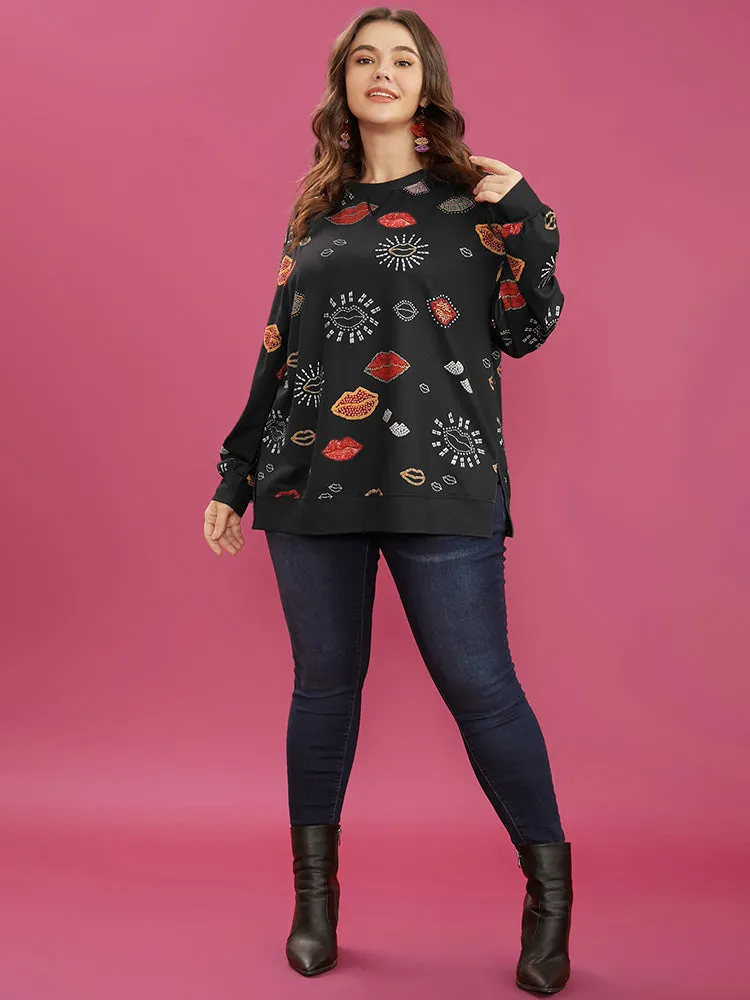 Lip Print Split Hem Drop Shoulder Sweatshirt
