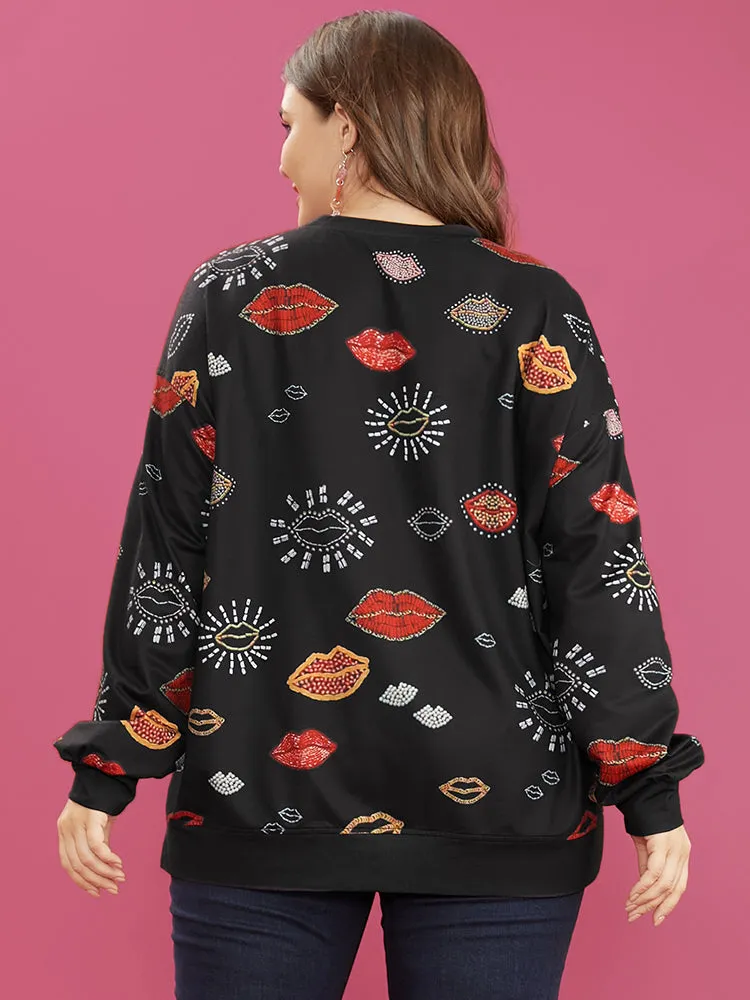 Lip Print Split Hem Drop Shoulder Sweatshirt