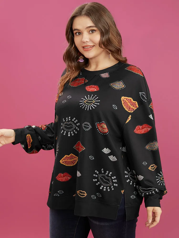Lip Print Split Hem Drop Shoulder Sweatshirt