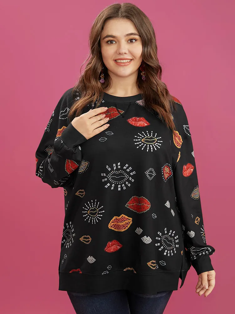 Lip Print Split Hem Drop Shoulder Sweatshirt