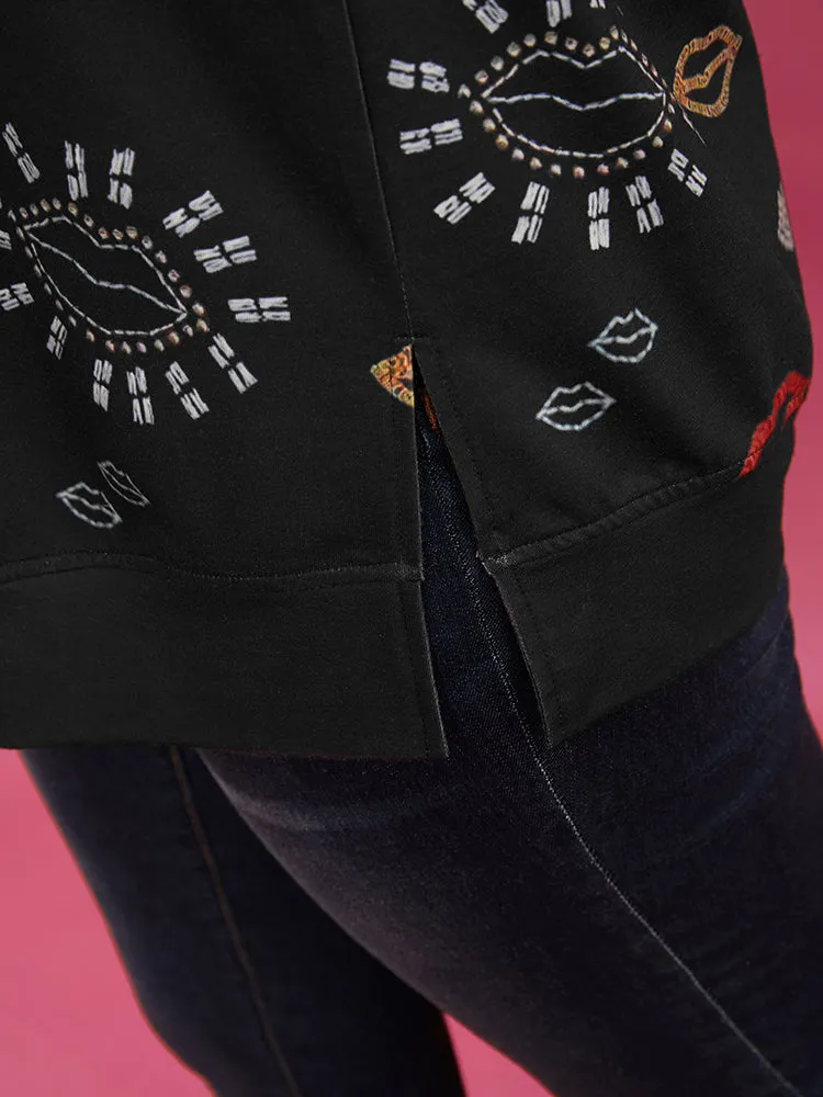 Lip Print Split Hem Drop Shoulder Sweatshirt