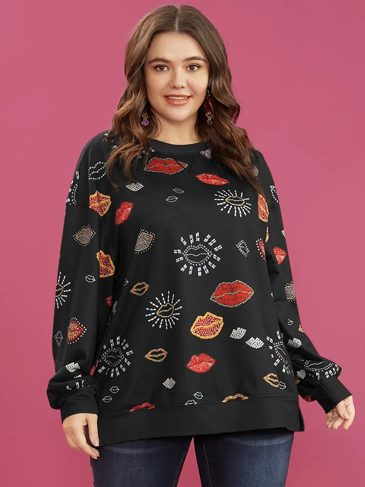 Lip Print Split Hem Drop Shoulder Sweatshirt
