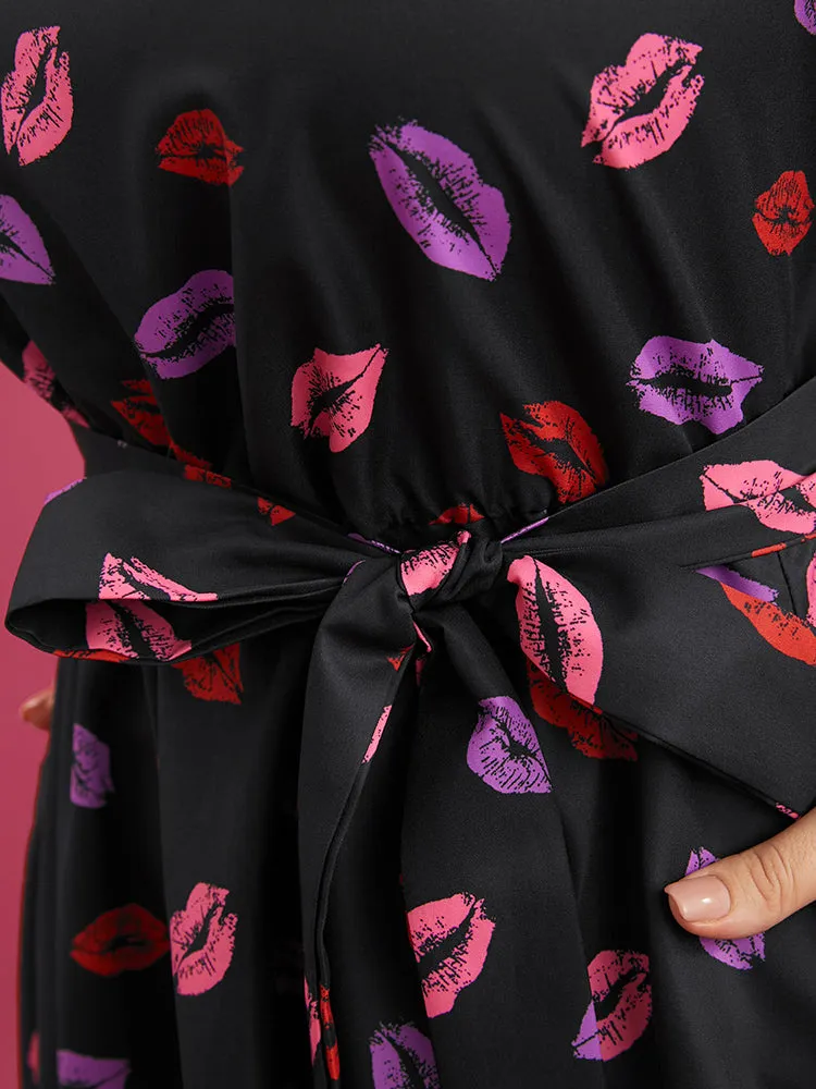 Lip Print Square Neck Pocket Belted Flutter Hem Dress