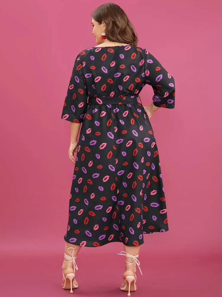Lip Print Square Neck Pocket Belted Flutter Hem Dress