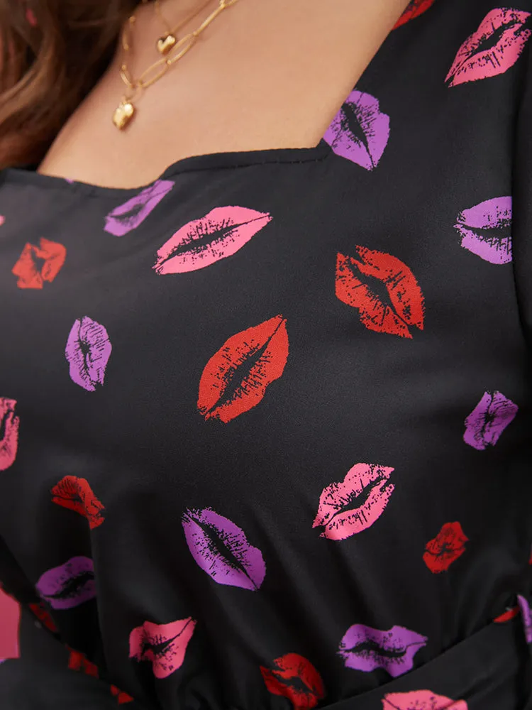 Lip Print Square Neck Pocket Belted Flutter Hem Dress