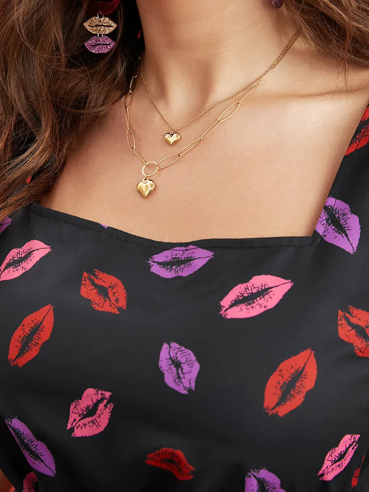 Lip Print Square Neck Pocket Belted Flutter Hem Dress