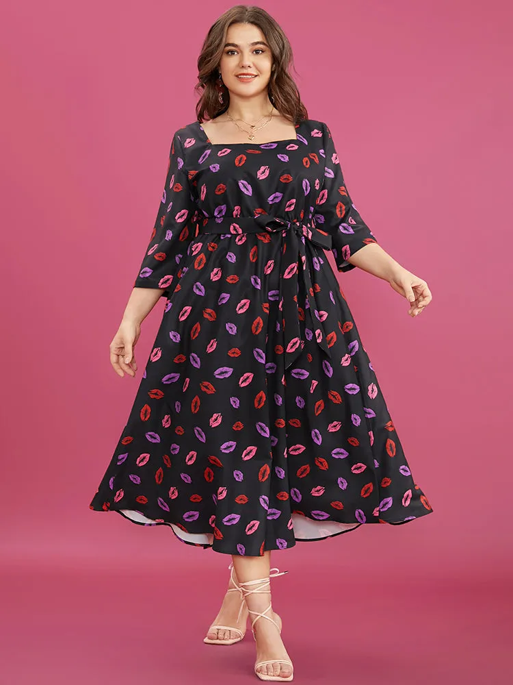 Lip Print Square Neck Pocket Belted Flutter Hem Dress