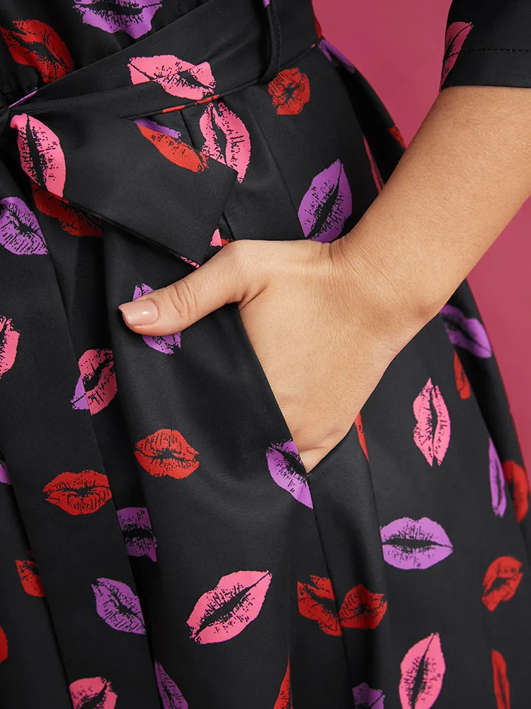 Lip Print Square Neck Pocket Belted Flutter Hem Dress