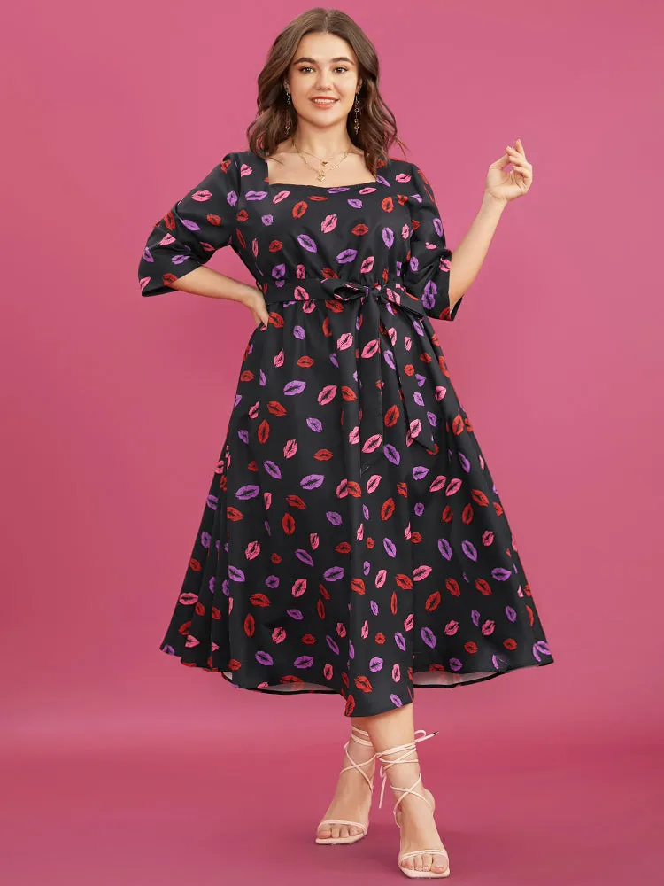 Lip Print Square Neck Pocket Belted Flutter Hem Dress
