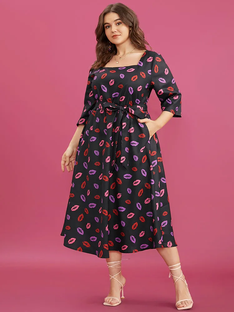 Lip Print Square Neck Pocket Belted Flutter Hem Dress
