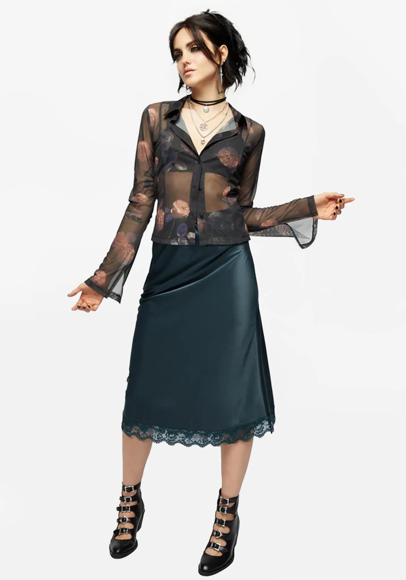 Medeina Lace Trim Satin Midi Skirt - Green