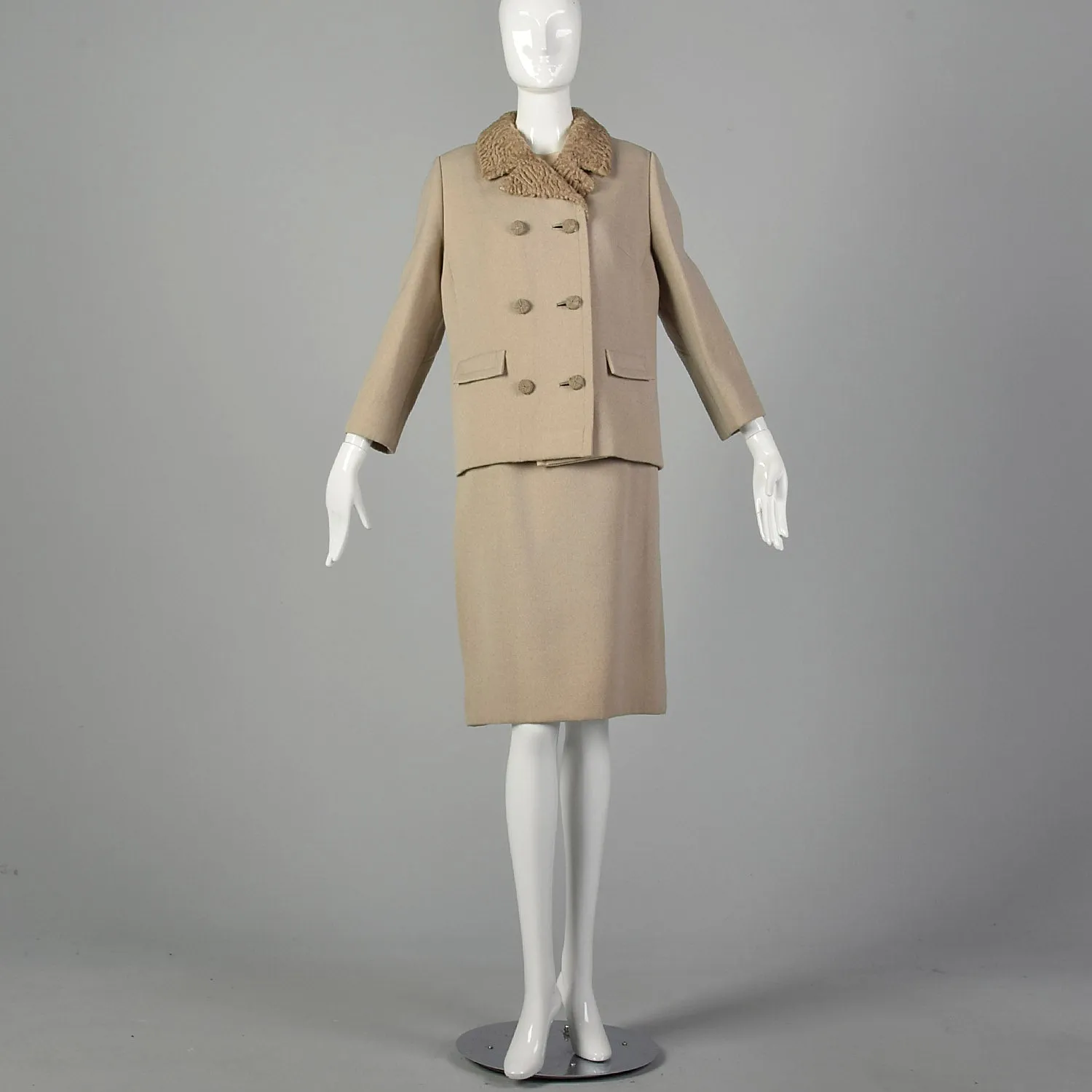 Medium 1960s Tan Three Piece Wool Skirt Suit