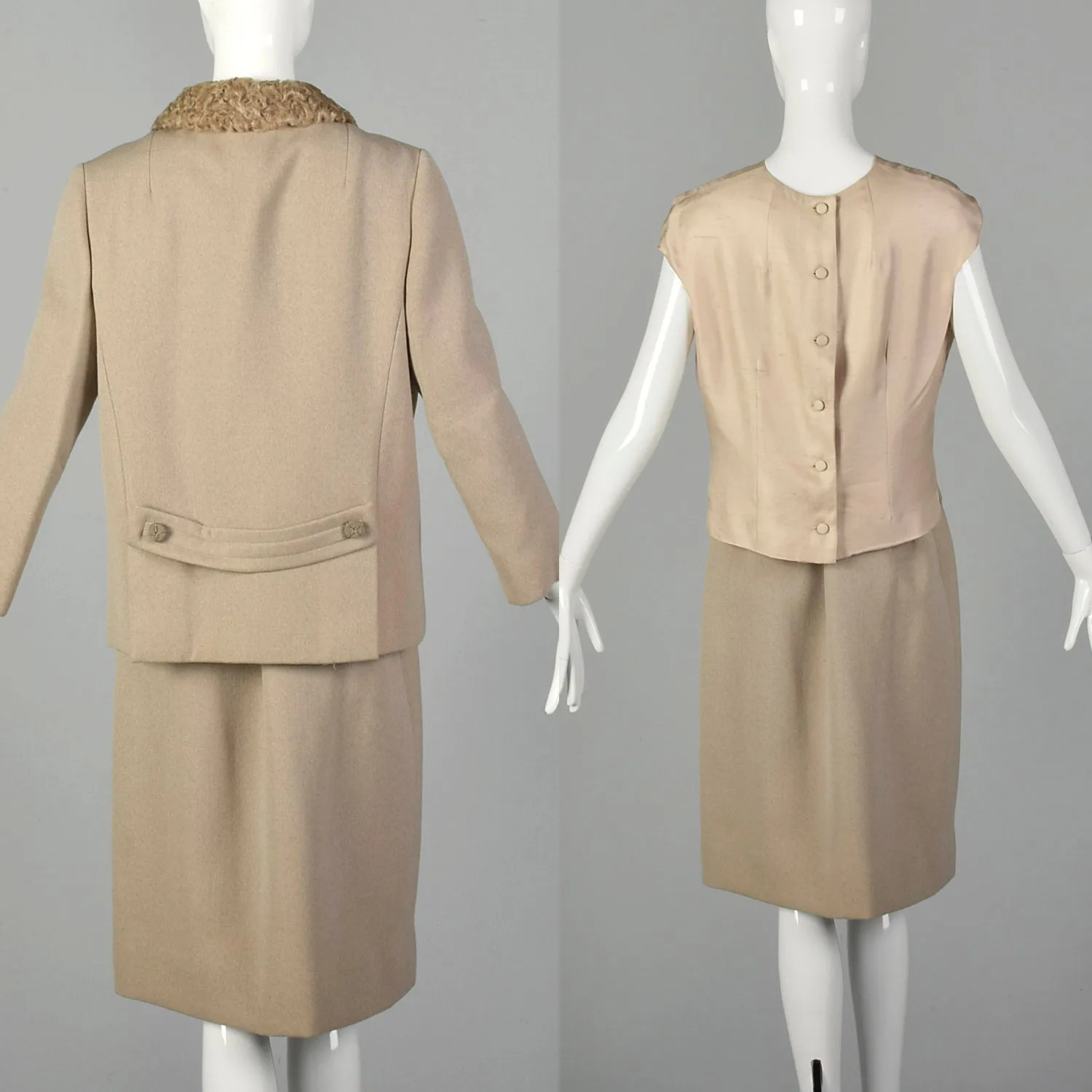 Medium 1960s Tan Three Piece Wool Skirt Suit