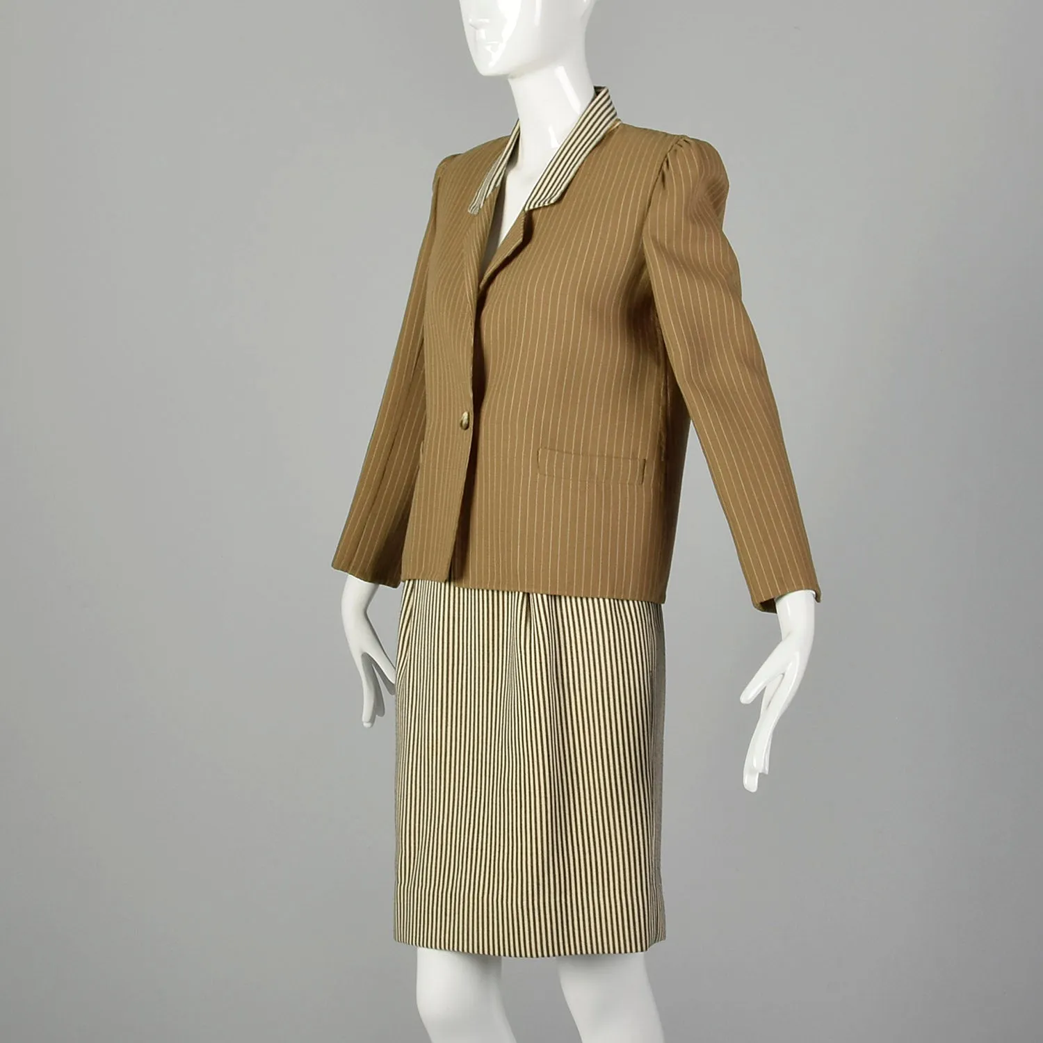 Medium 1980s Bill Blass Tan Striped Skirt Suit