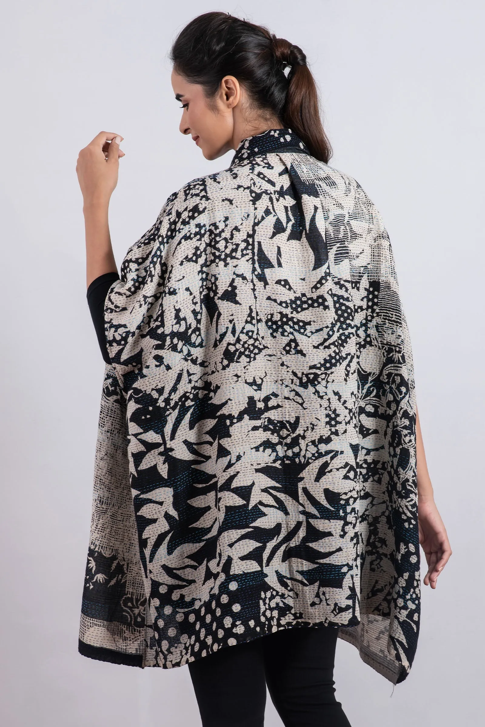 MONOTONE TWILIGHT PRINT KANTHA SHIRT PONCHO - tp2545-blk -