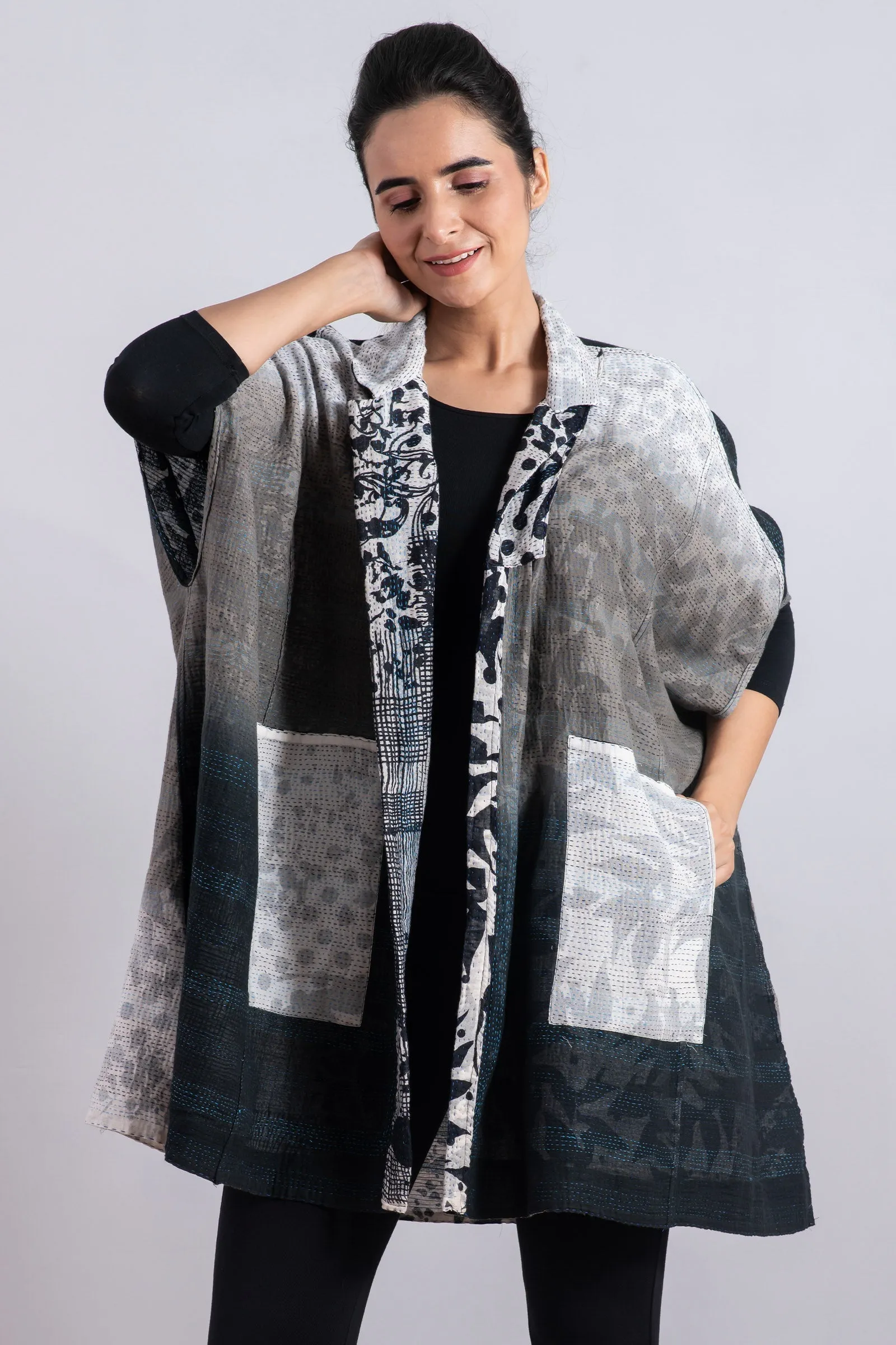 MONOTONE TWILIGHT PRINT KANTHA SHIRT PONCHO - tp2545-wht -