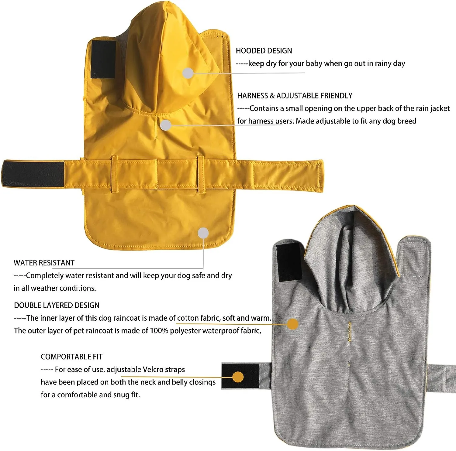NEW LeerKing Dog Raincoat Hooded Leash Hole, Waterproof Double Layer Dog Rain Coat Jacket with Cotton Lining, Yellow, Size Large