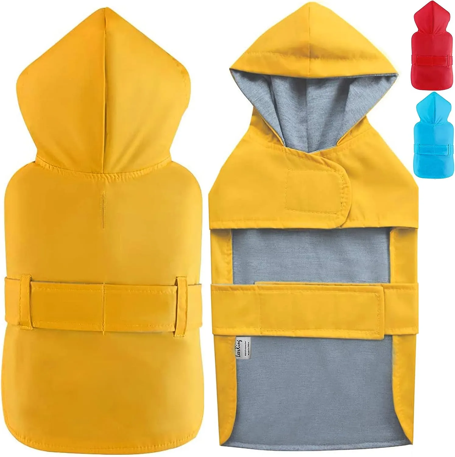 NEW LeerKing Dog Raincoat Hooded Leash Hole, Waterproof Double Layer Dog Rain Coat Jacket with Cotton Lining, Yellow, Size Large