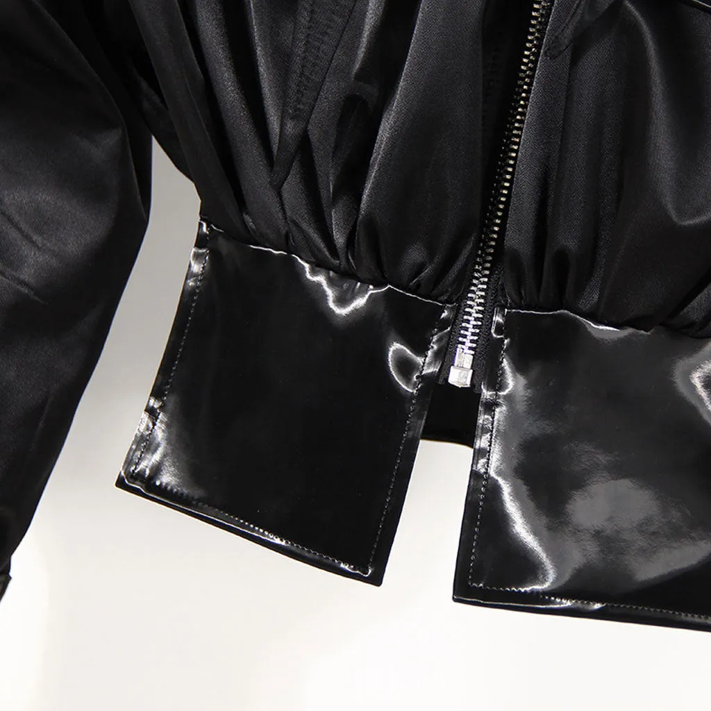 Oversized Long Sleeve Collared Vegan Leather Zip Up Cropped Jacket