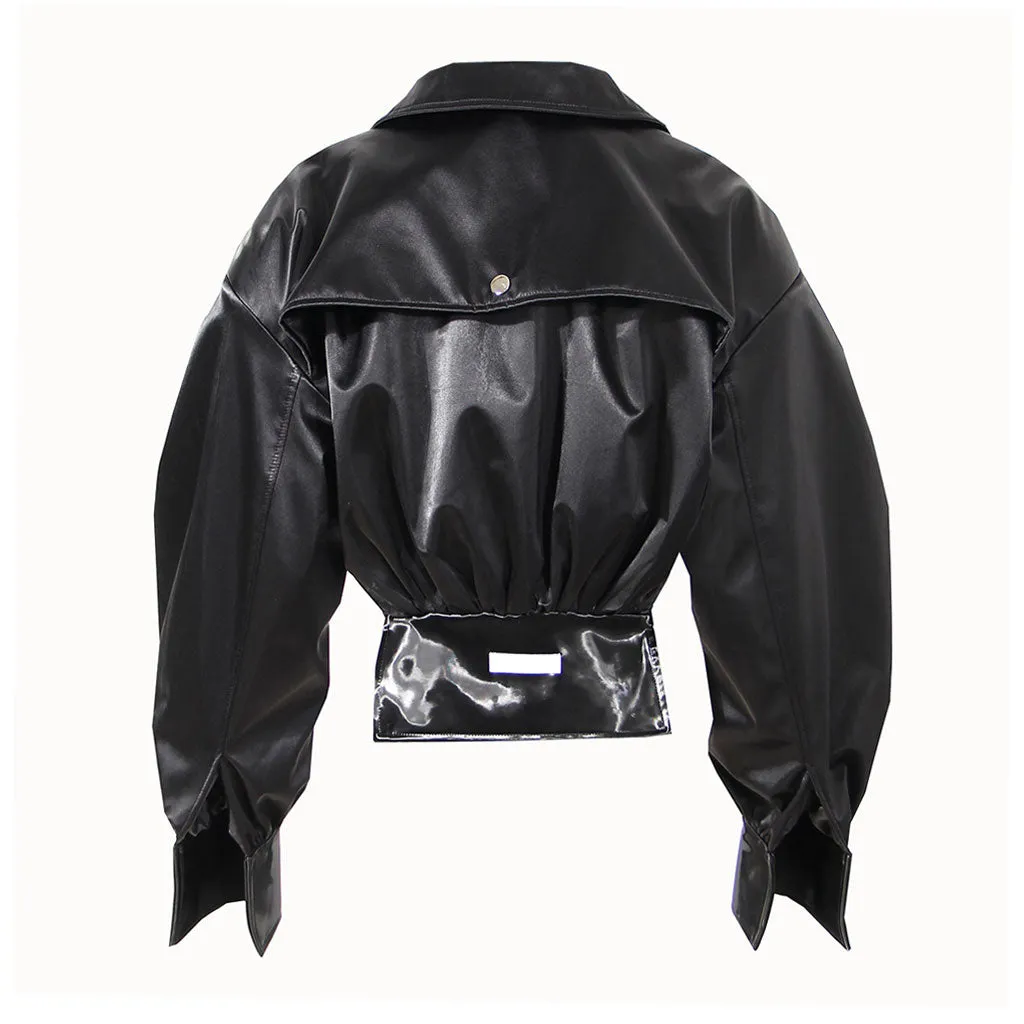 Oversized Long Sleeve Collared Vegan Leather Zip Up Cropped Jacket