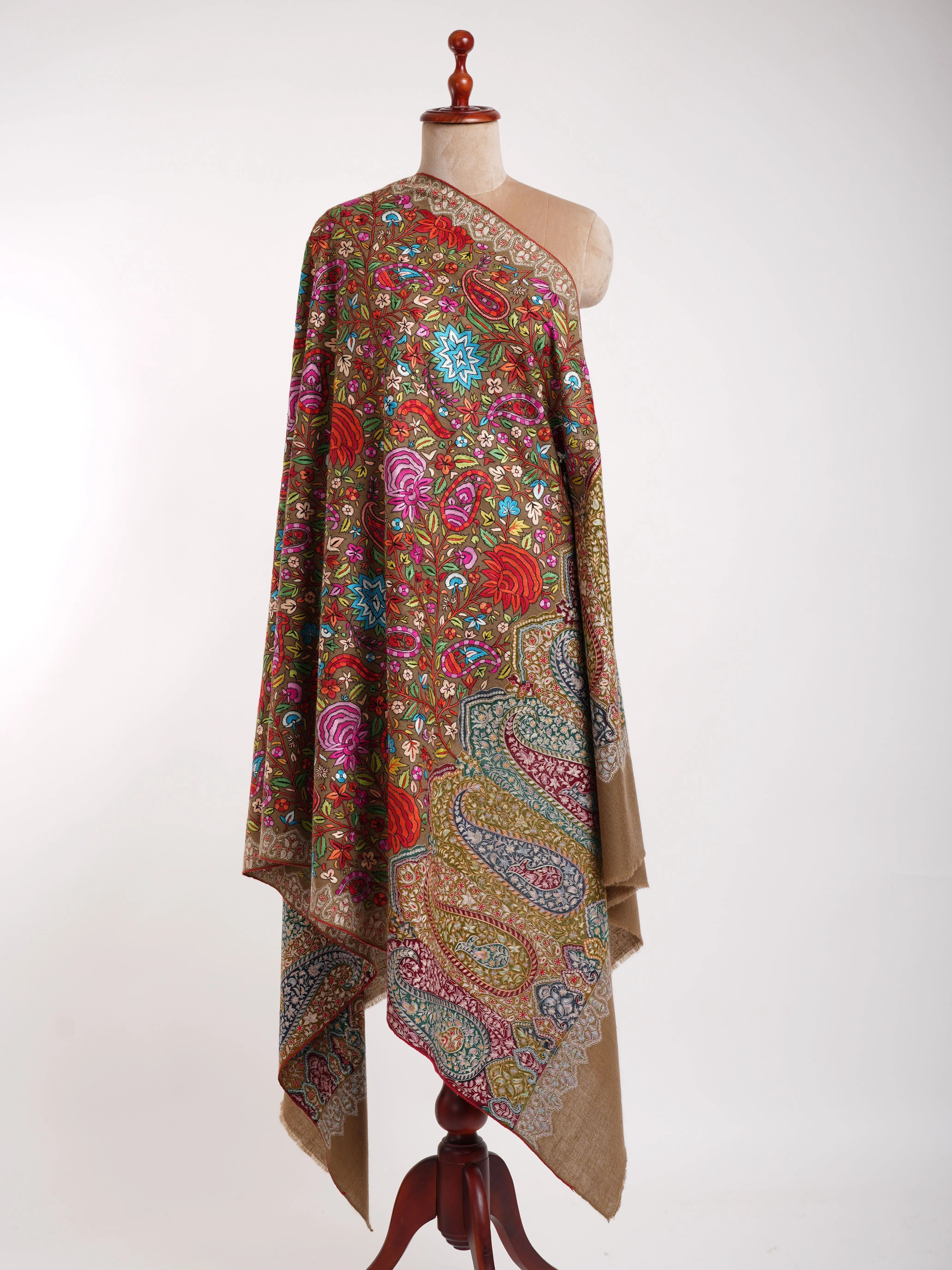Papier-mâché and Kalamkari Fusion Pashmina Shawl Toosh Color