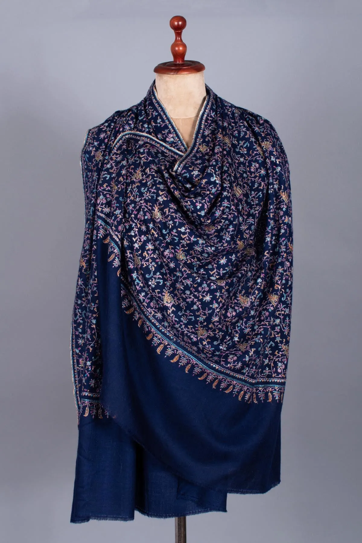 Prussian Blue Pashmina Shawl with Silk Embroidery - PESCARA