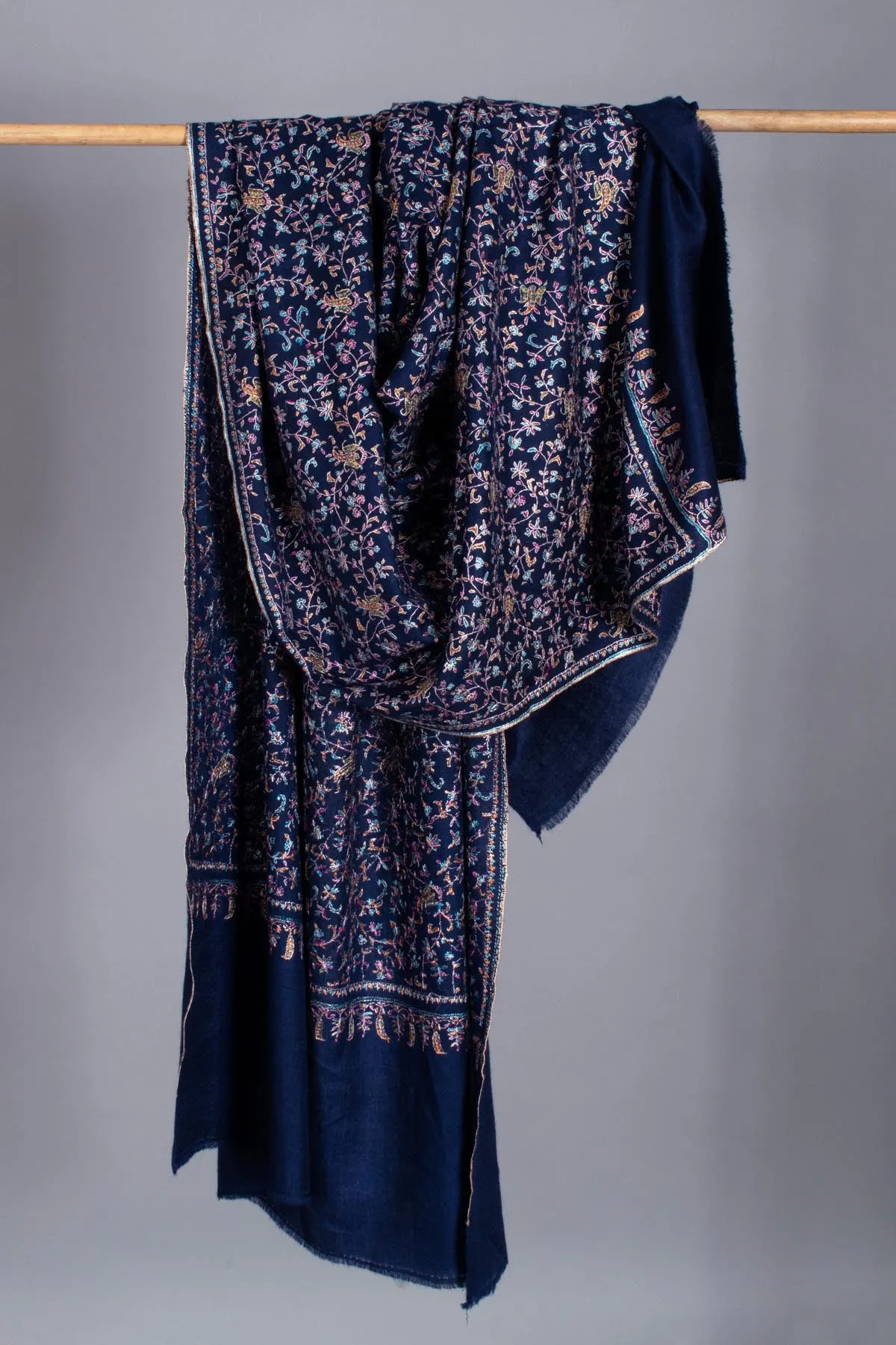 Prussian Blue Pashmina Shawl with Silk Embroidery - PESCARA