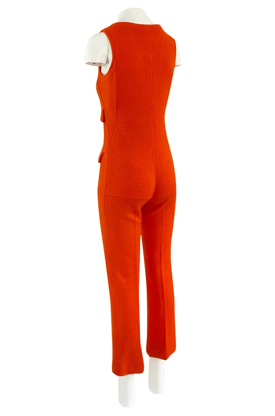 Rare 1970s Courreges Hyperbole Bright Orange Wool Jumpsuit & Matching Cropped Jacket